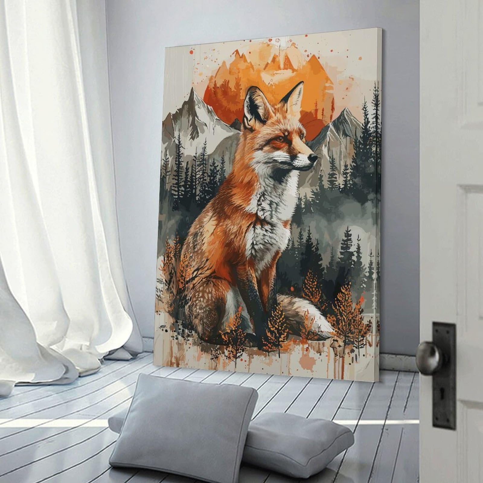 Junmoney Fox Sunset Watercolor Canvas Wall Art, 20x30inch(50x75cm), for Entrance Walls, Hall Decor Or Foyers, Wall Decor to Refresh Empty Corners