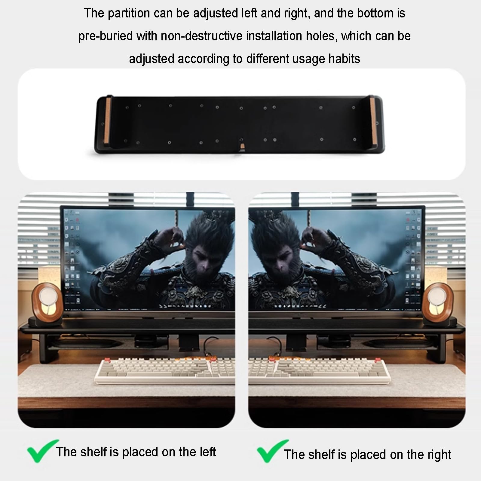 Supporto per monitor in legno, organizer da scrivania per computer con spazio per smartphone, laptop, auricolari e gestione dei cavi