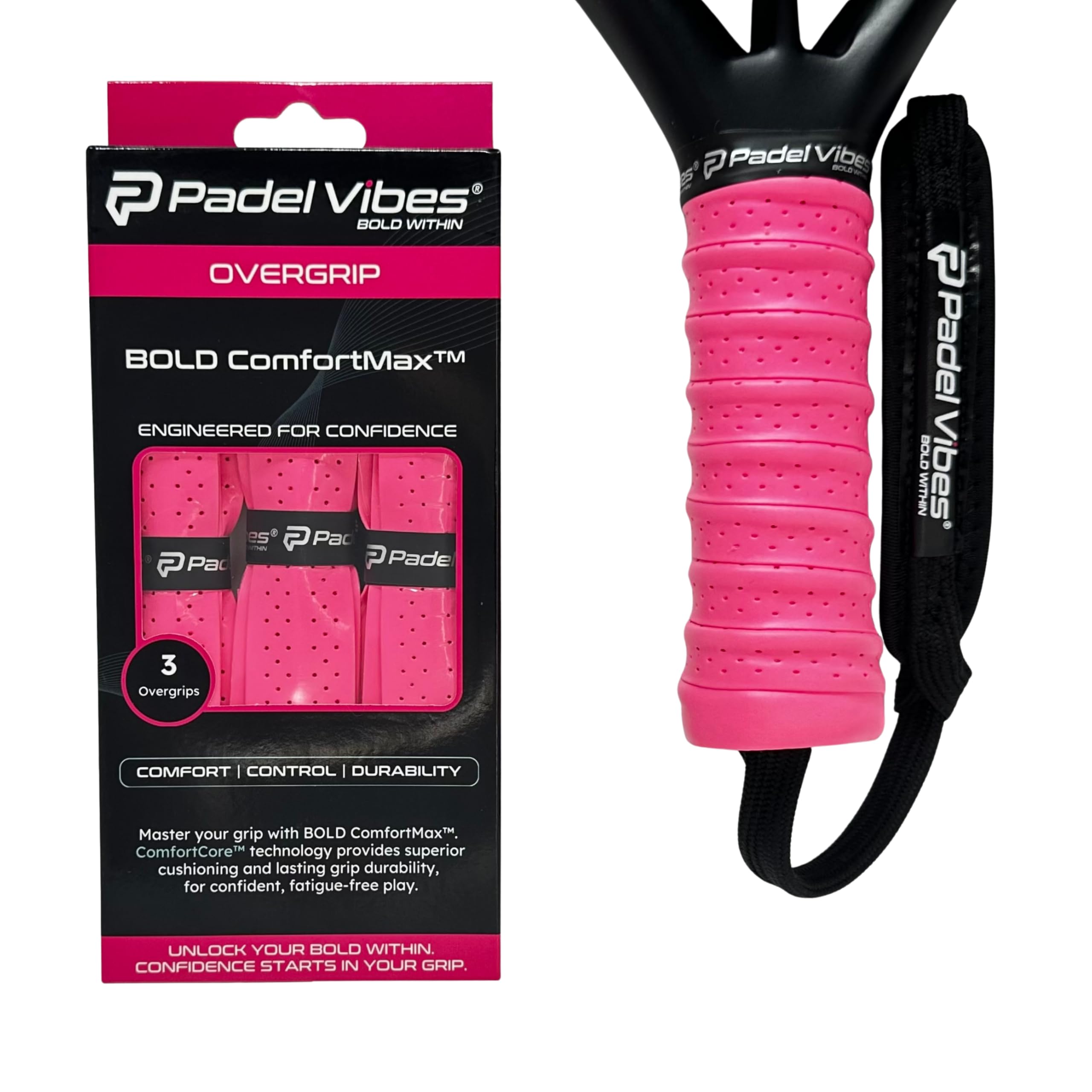 Padel Vibes® BOLD ComfortMax™ Overgrip | Perforated, Ergonomic Overgrips for Padel, Tennis, Badminton, Squash, Racketball | Sweat-Absorbing, Anti-Slip, Durable (Hot Pink | 3-Pack)