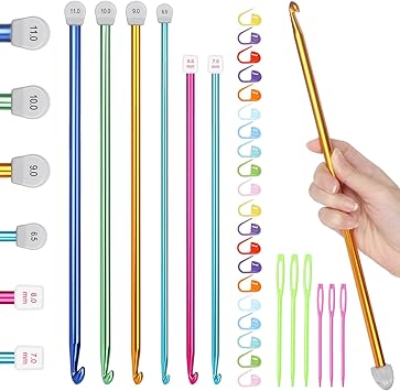 Katech 8PCS Tunisian Crochet Hooks Set, 13.78 Inch Large Crochet Hooks 6.5mm-11mm Aluminum Crochet Needles, Extra Long Crochet Needles for Beginner Learn to Crochet Blanket Shawls Gift