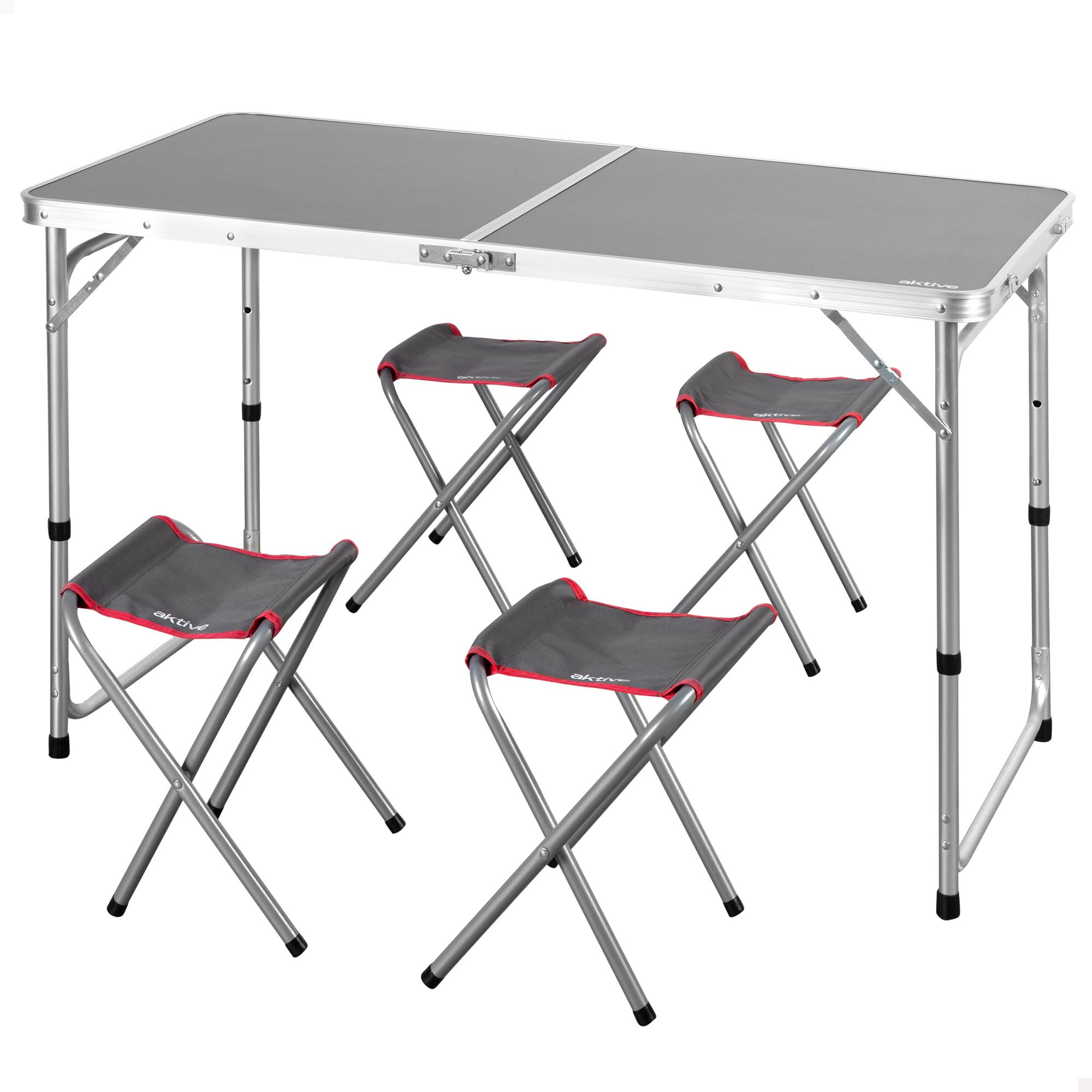 AKTIVE 63161 Tavolo pieghevole in alluminio con 4 sgabelli in acciaio, altezza regolabile 60-70 cm, superficie 120 x 60 cm, finitura grigia, design portatile con maniglia per campeggio, spiaggia e