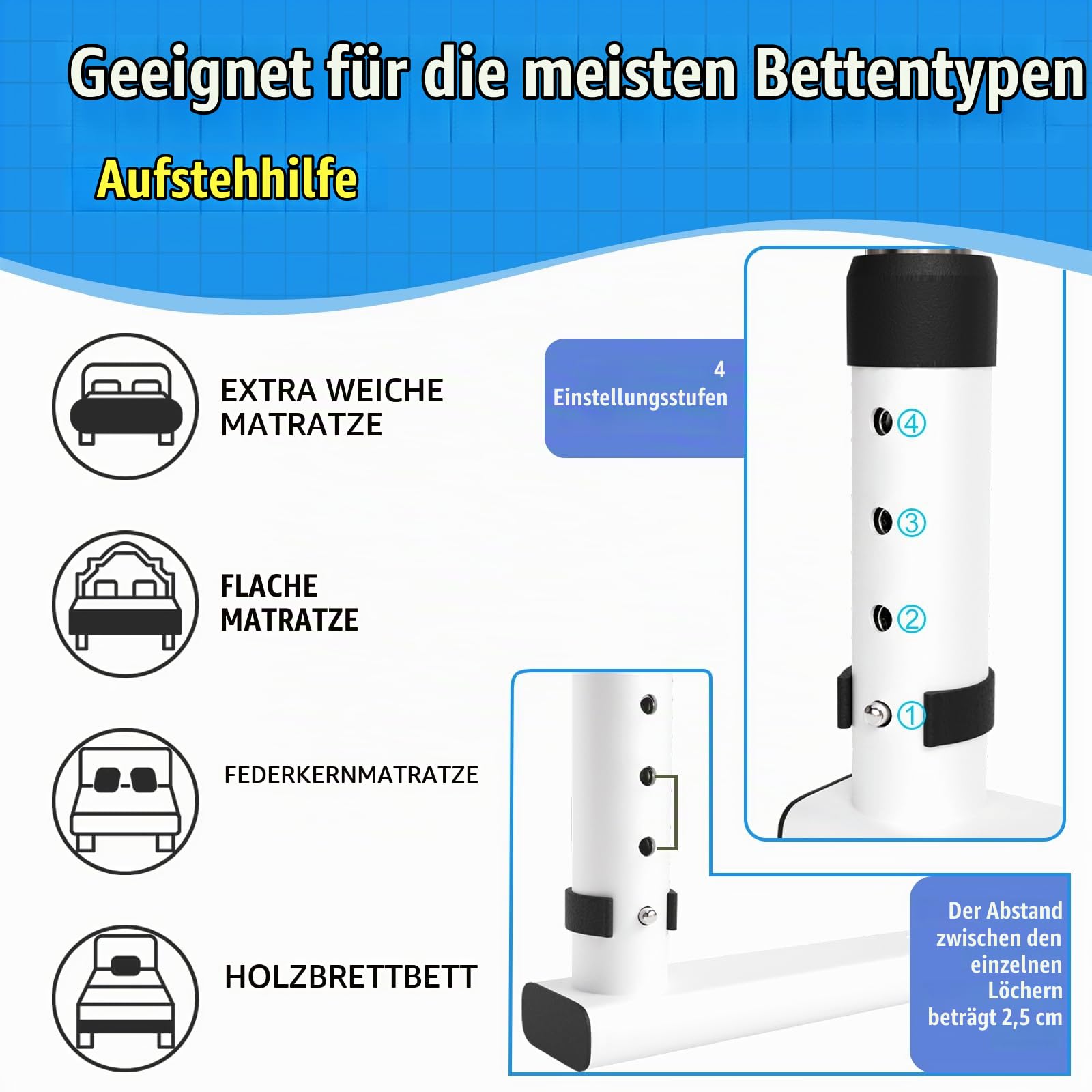 Aufstehhilfe Bett, Bettgitter für Erwachsene, Einstiegshilfe für das Bett, höhenverstellbare Haltegriffe für ältere Menschen, mit einfacher Installation.