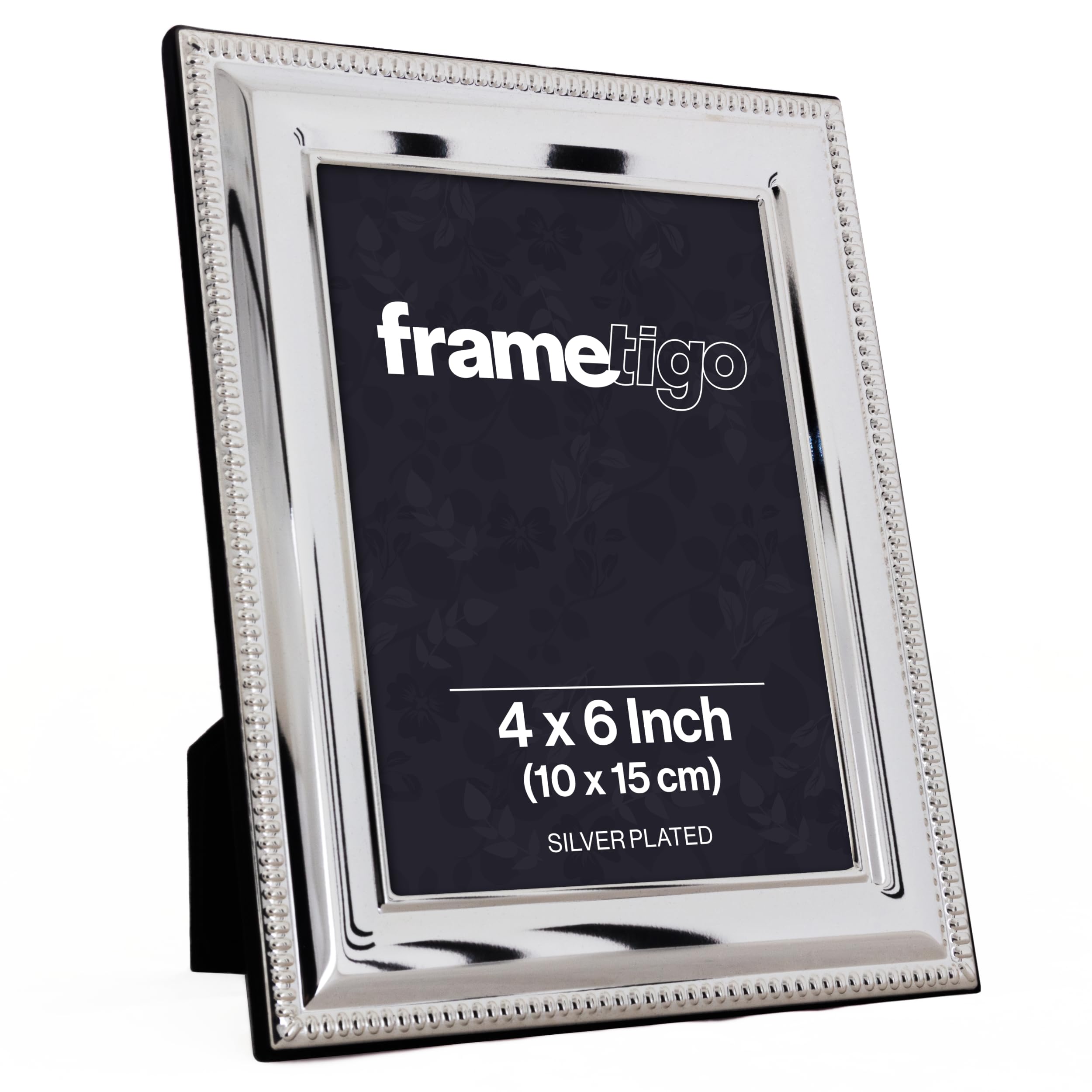 Frametigo - Silver Plated Bead Photo Frame, 4"x6" (10x15cm) Photo Size - Velvet Frame Backing & Stand - Real Glass Window - Tarnish Resistant - Landscape or Portrait Orientation