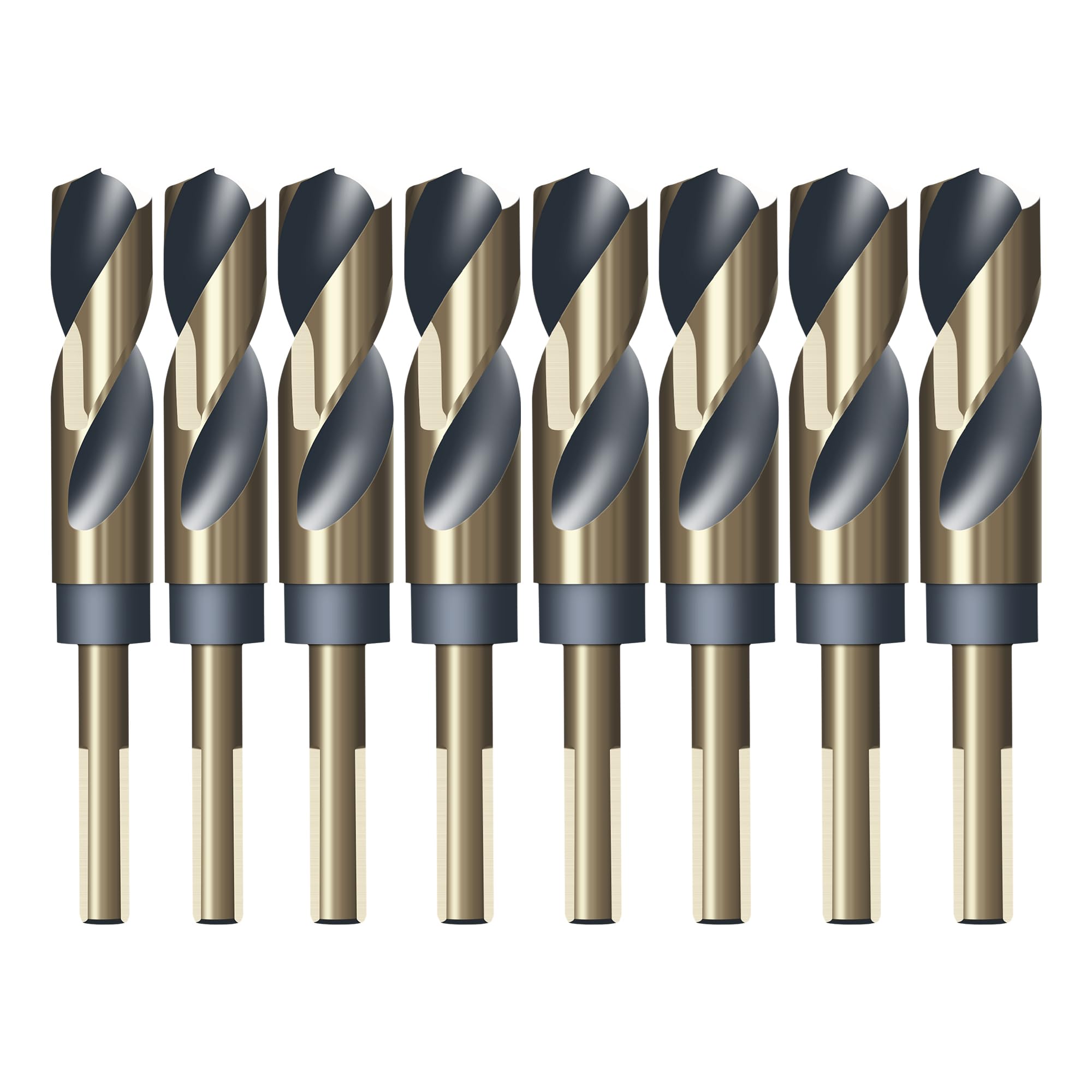 HUHAO Bohrer-Bit-Set mit reduziertem Schaft, 8 Größen von 9/16 Zoll bis 2,5 cm, HSS 4341 für robustes Metall und Stahl, 10 mm und 1/2-Zoll-Schaft, schwarzes Nitrid und goldfarbene Titanbeschichtung