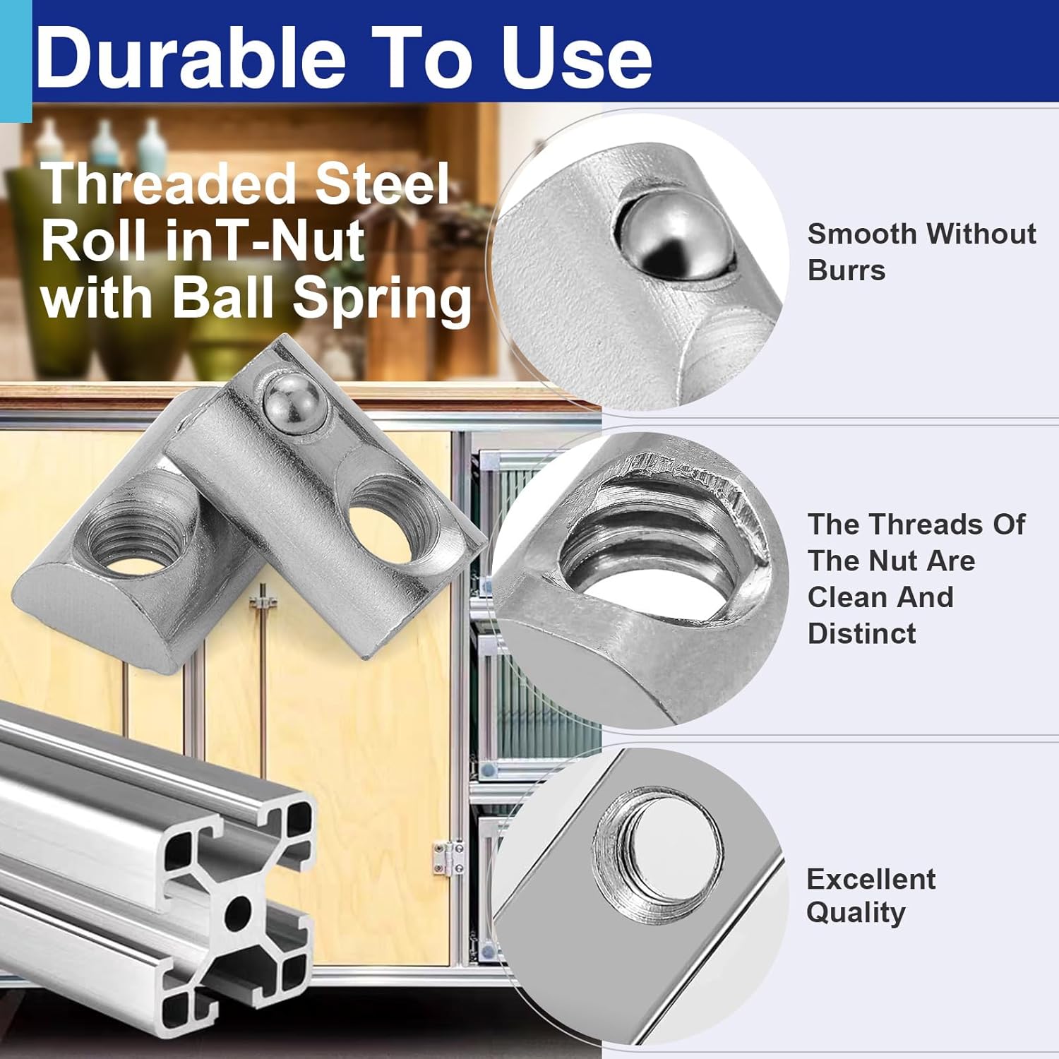 1/4-20 Roll in T Nut with Ball Spring, Carbon Steel Spring Loaded T Slot Nut Compatible with 8020 10 Series Aluminum Extrusion Rails 25PCS