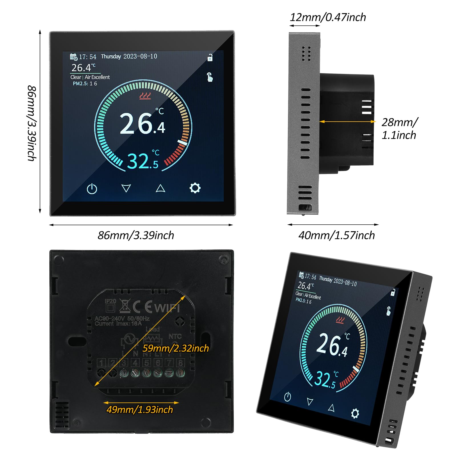 Aramox HYT001 Termostato Inteligente Controlador de Temperatura WiFi Pantalla Táctil TFT 41 a 95F Semanal Programable Precisión de 0.9F Control de Aplicación para el Hogar, Escuela, Oficina,