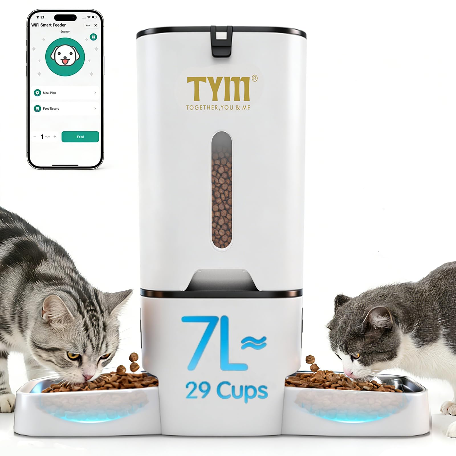 TYM Dual Automatic Cat Feeder for 2 Cats, 7L WiFi Cat Food Dispenser with Smart App Control, Programmable Feeding Schedule for Multiple Pets, Stainless Steel Double Bowls, Detachable for Easy Clean