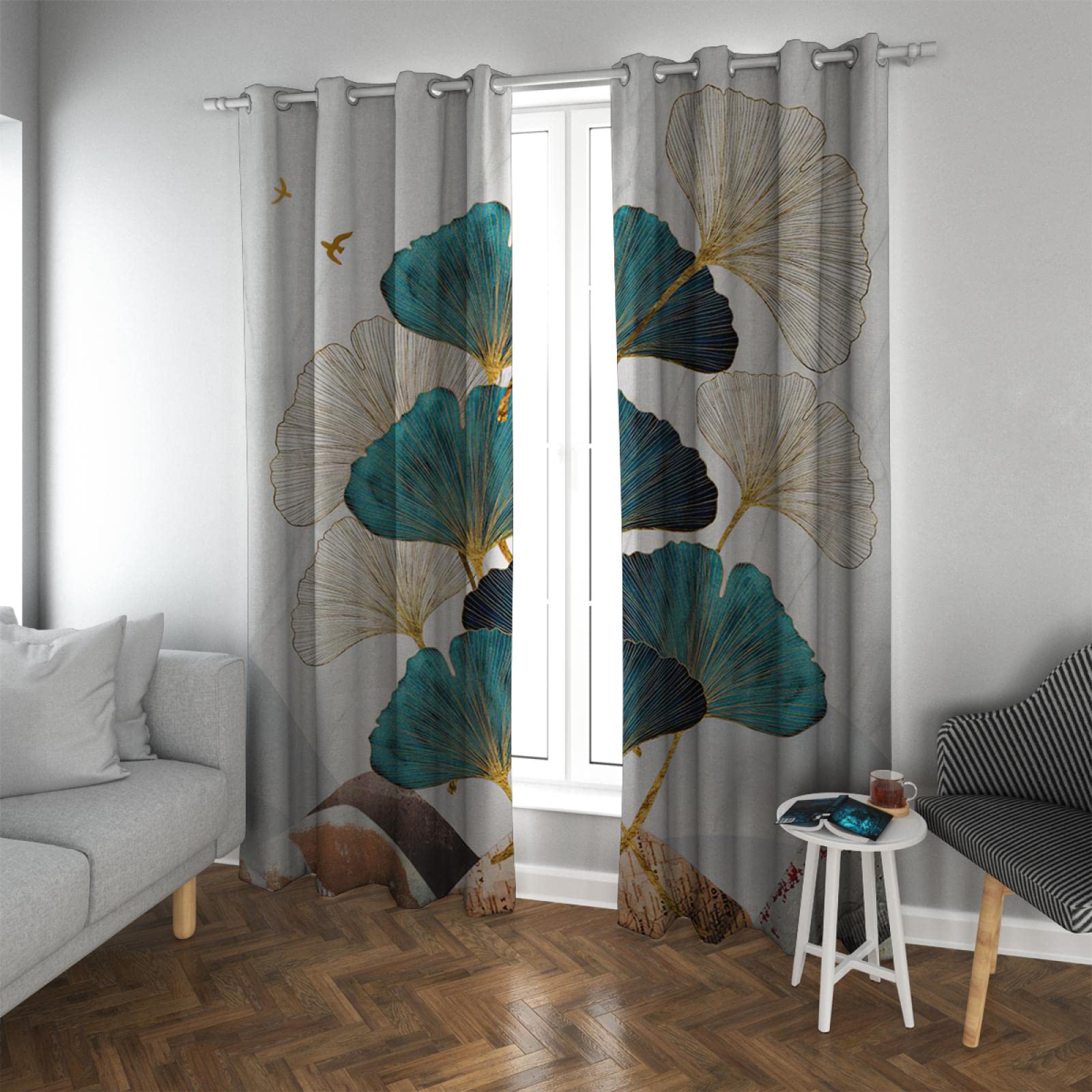 LANDOCROWN Gold Ginkgo Biloba Leaf Blackout Curtains Abstract Teal Textured Insulated Drapes Modern Botanical Curtain for Living Room 46x72 Inch 2 Panels