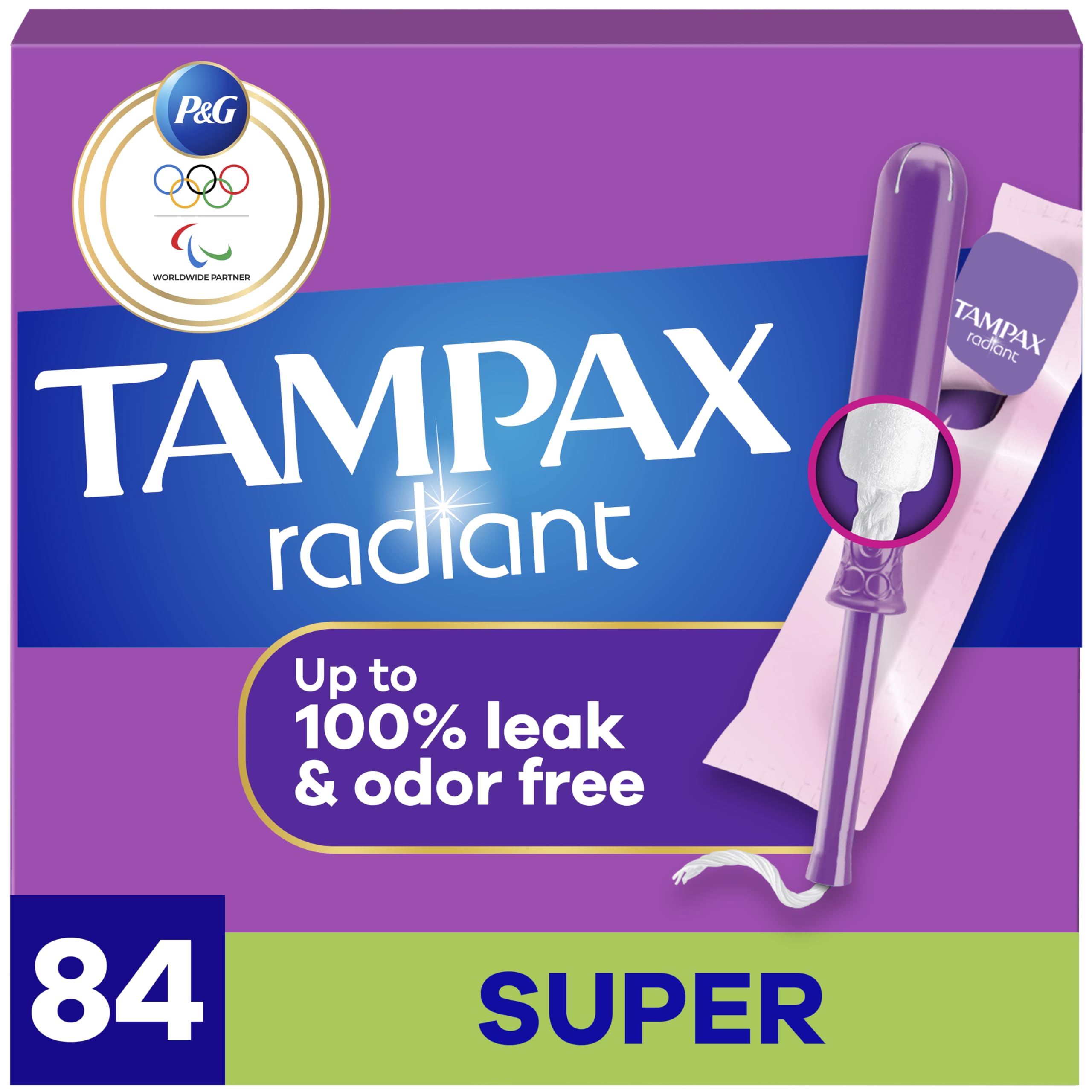 Radiant Tampons for Women, with LeakGuard Braid, Super Absorbency, Unscented, 84 Count (3 Packs of 28)
