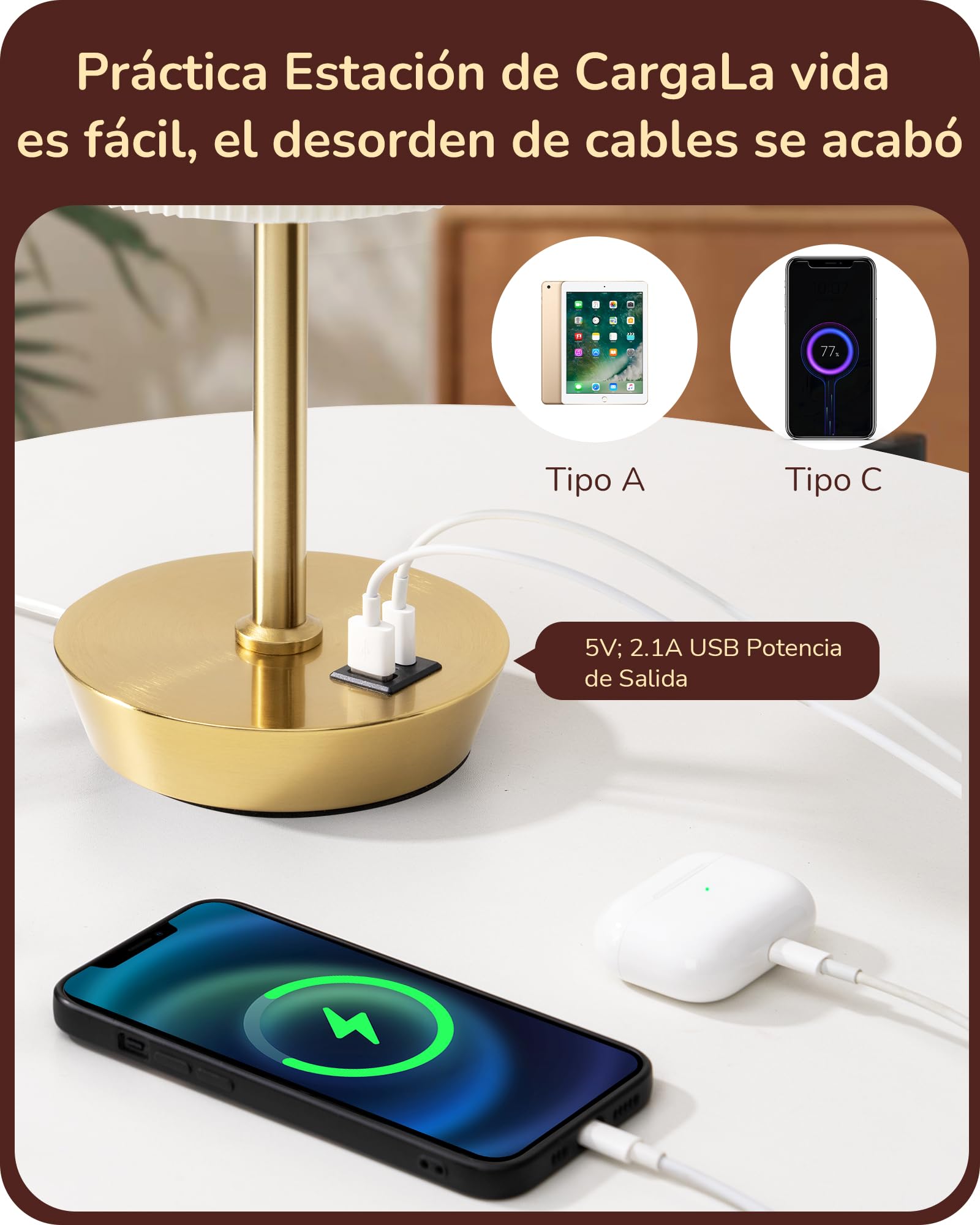 EDISHINE Lámpara de Noche Regulable Táctil Juego de 2, Lámpara de Mesa, Lámpara Pequeña, con Función de Carga, 2 Puertos USB, con Cable, para Dormitorio, Salón, Alféizar de Ventana, Regalo, Dorado