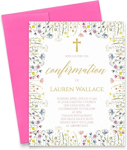 Personalized Colorful Spring Wildflower Border Confirmation Invites, Watercolor Floral Confirmation Invitations Girl, Gold Confirmation Invitations,