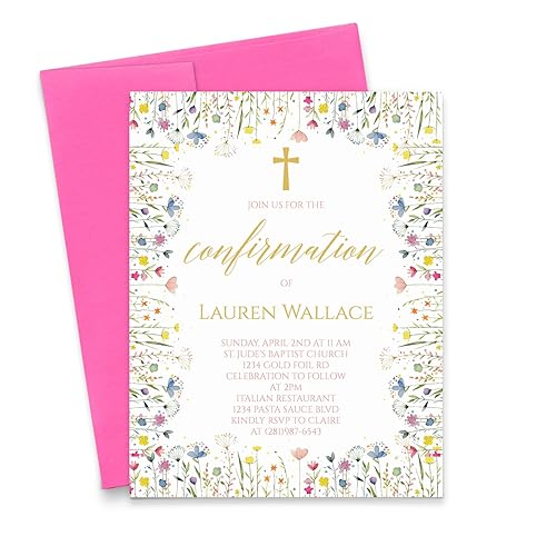 Personalized Colorful Spring Wildflower Border Confirmation Invites, Watercolor Floral Confirmation Invitations Girl, Gold Confirmation Invitations,