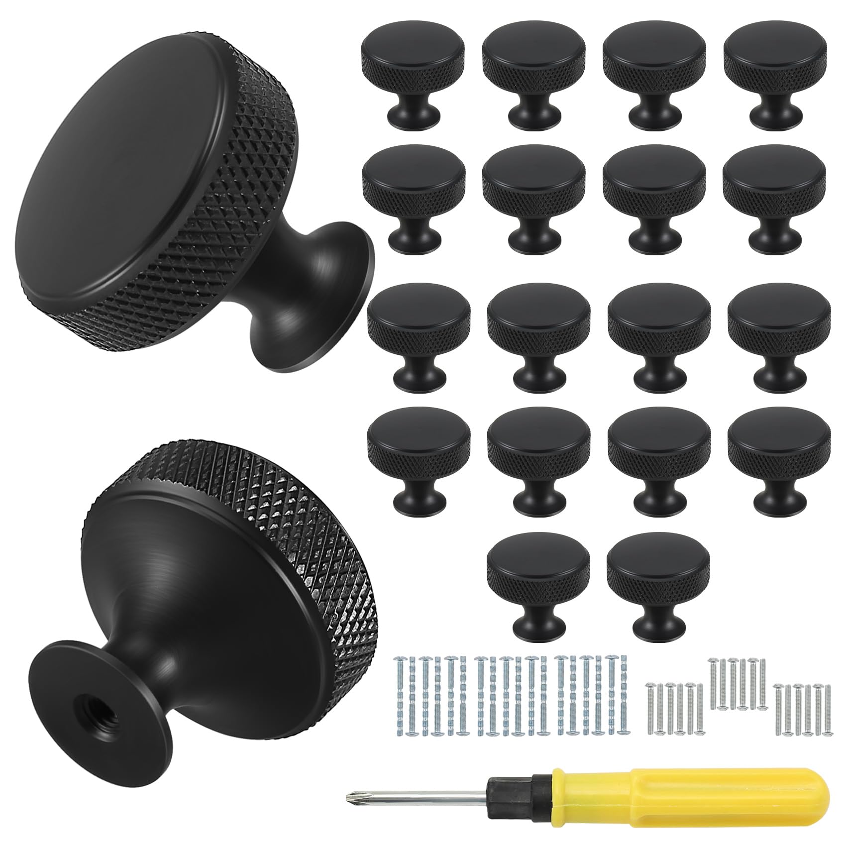 Omolly Black 18 Pack Cabinet Knobs With 36 Pcs Screws And Screwdriver, Aluminum Alloy Drawer Knobs, Cupboard Door Knobs Wardrobe Handles For Drawer Dresser, Cupboard And Wardrobe