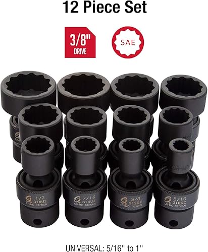Miniatura 2 de SUNEX TOOLS 3690, Juego de dados de impacto universales de 3/8 pulgadas, 12 puntos, 12 piezas, SAE, 5/16" - 1", acero de aleación Cr-Mo, diseño de