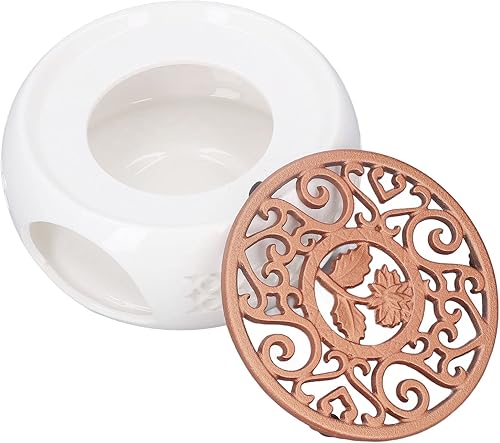 Miniatura 8 de Calentador de tetera de cerámica, calentador de velas de té, base de calentador de estufa de tetera redonda blanca con cuchara y alfombrilla de