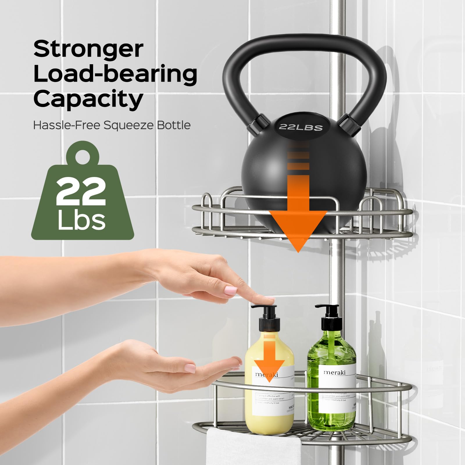 HAMITOR Shower Caddy Tension Pole: 4-Tier Rustproof Bathroom Corner Shelf Organizer for Renter - No Drill Large Shampoo Storage Rack - Adjustable 47-121