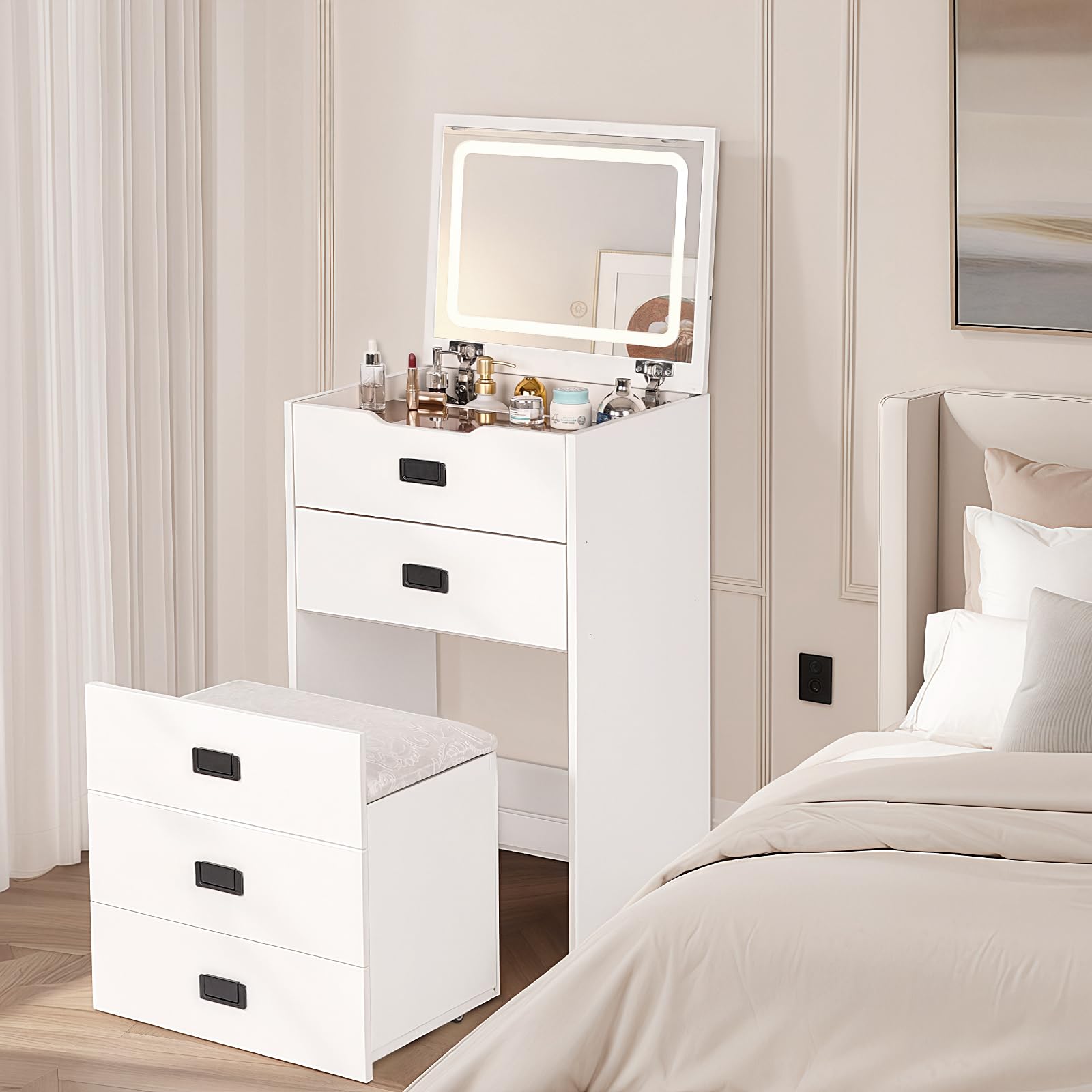 3 in 1 Vanity Desk with Plip Top Mirror, LED Light Small Make Up Vanity Set with Visible Glass Desktop, Compact Makeup Vanity with 4 Drawers, Dressing Table for Bedroom, White