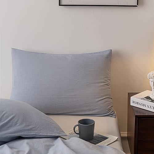 Miniatura 5 de Janlive Juego de funda de edredón de algodón lavado, 100% algodón, color liso, azul claro, con cierre de cremallera, 3 piezas, color azul claro,