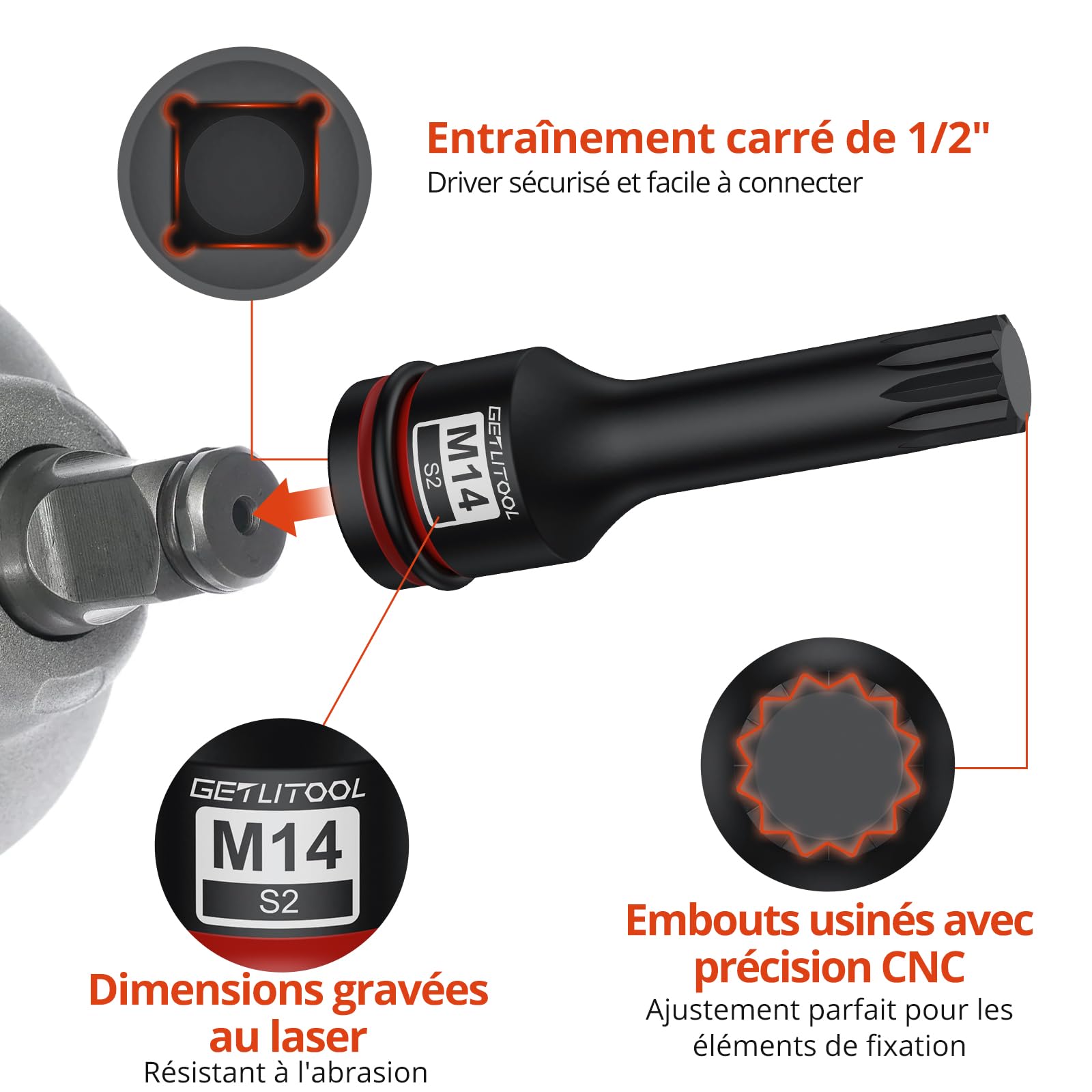 GETLITOOL Lot de 10 douilles à impact XZN en acier S2 triple carré, taille marquée et étui M5-M18 pour réparation automobile et entretien mécanique