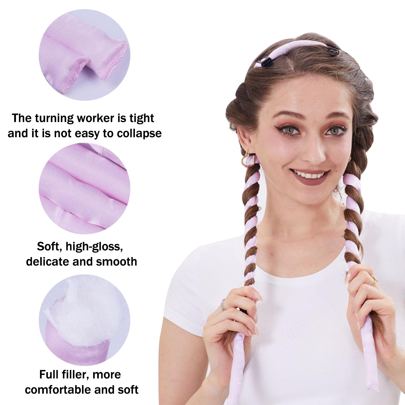 DAVBNM 2 Pcs Satin Heatless Curlers Headband, No Heat Curls, Overnight Hair Curlers to Sleep In, Gift for Long Hair Volume 160cm (Pink) - Image 3