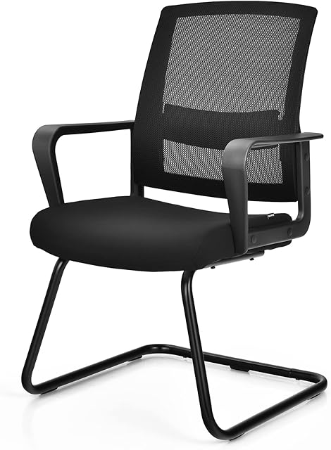 COSTWAY Meeting Office Chairs, Mid-Back Mesh Reception Chair with Adjustable Lumbar Support and Sled Base, Padded Conference Armchairs Executive Computer Desk Chair (1, Black, 60x57x95cm)