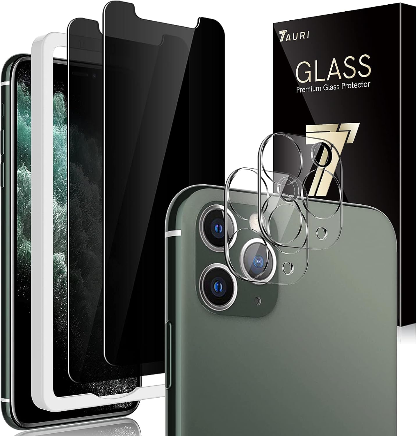 TAURI 4 Pack 2 Pack Privacy Screen protector + 2 Pack camera lens Protector Compatible for iPhone 11 Pro Max Tempered Glass Screen Protector 6.5-inch Bubble Free Black