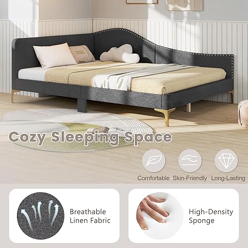 Miniatura 8 de Giantex Sofá cama tapizado de tamaño matrimonial, cama de plataforma con remaches con cabecero, patas de metal y listones de madera, sofá cama