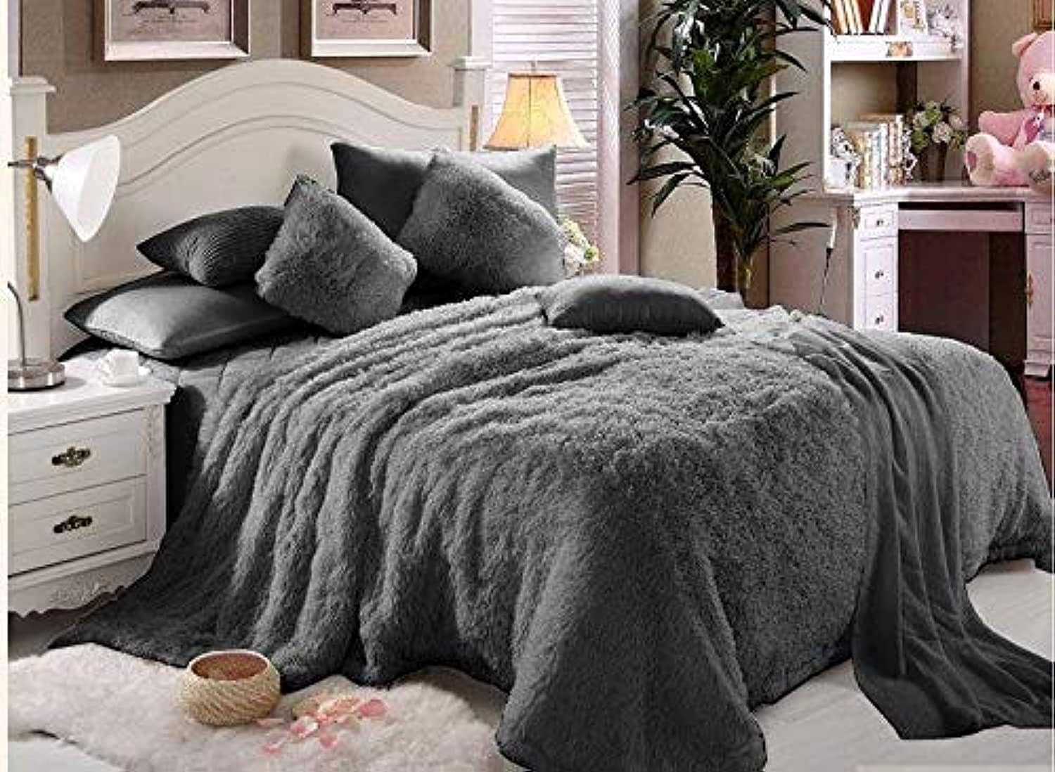 Comfy Luxe Faux Fur 6 Pieces Soft Blanket Set (King Size- Grey)