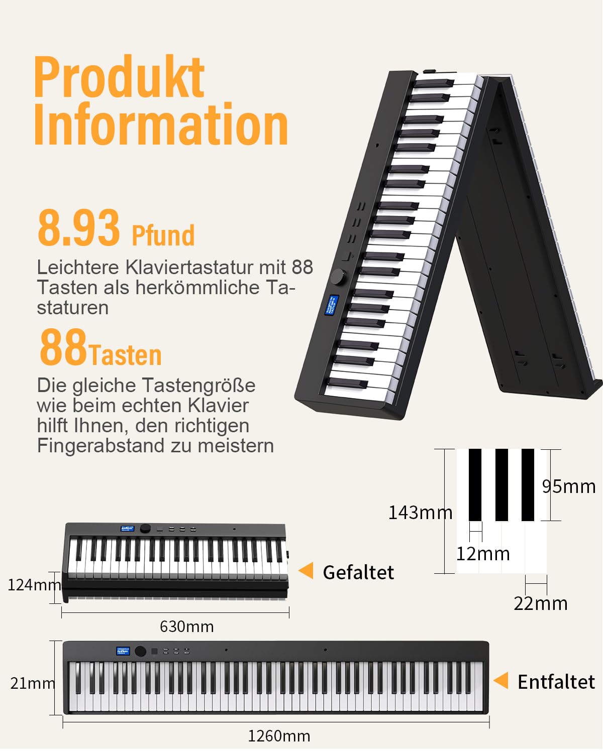 Faltbares Klavier mit 88 Tasten Piano Full Size Semi Weighted, Faltbares Klaviertastatur mit MIDI Bluetooth, Klaviertasche, Piano Keyboard für Anfänger Geschenk