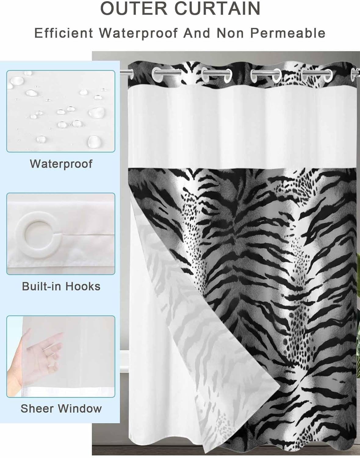 Prime Leader Black and White Leopard No Hook Shower Curtain with Snap in Liner Abstract Vintage Animal Prints Shower Curtain for Bathroom, Fabric Waterproof Inner Liner with Mesh Top Window, 72x72
