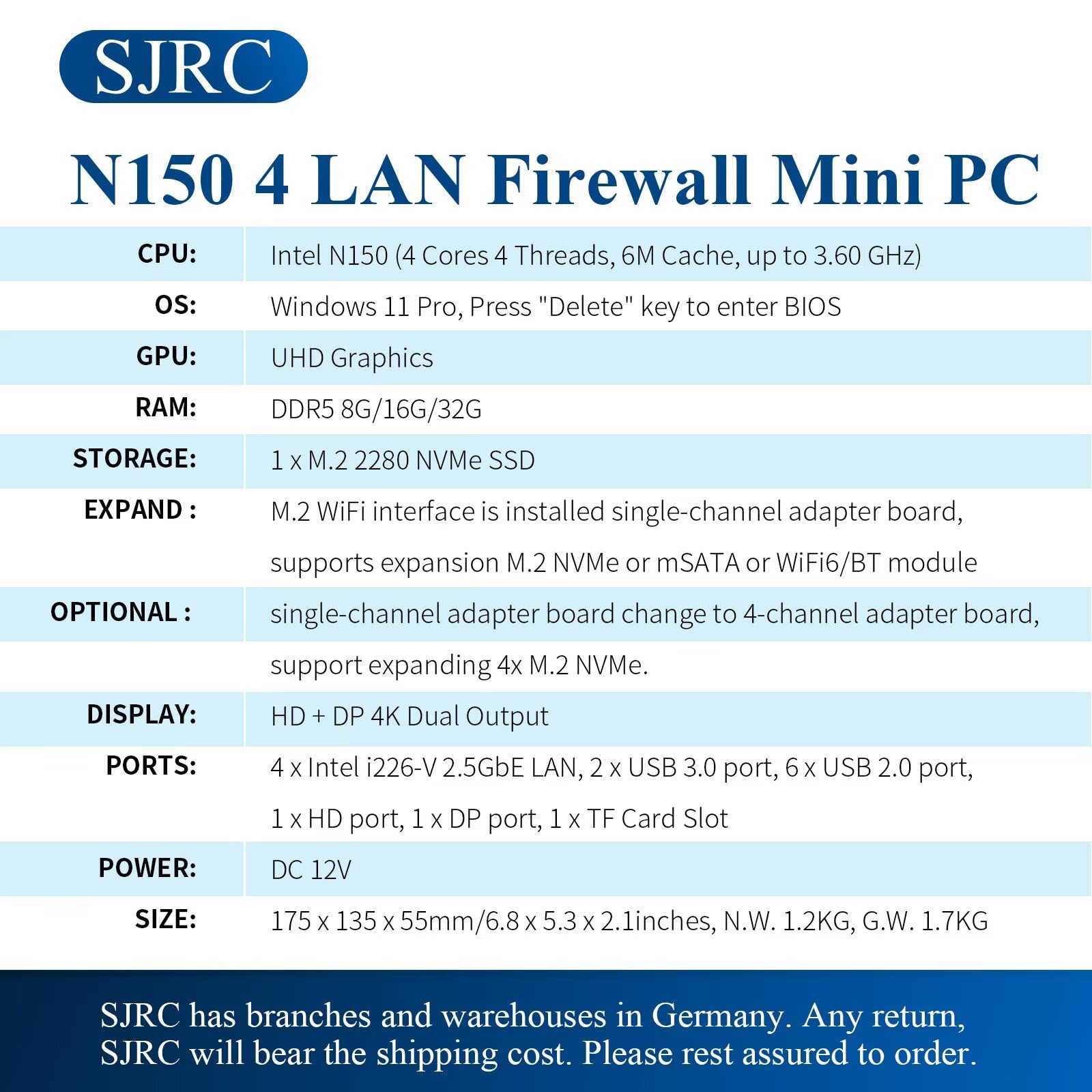 SJRC Fanless Firewall Appliance N150 (up to 3.6Hz), 4 x i226V 2.5Gbe LAN OPNsense Mini PC for Office/Home, Micro Router Computer DDR5 16GB RAM 256GB NVMe SSD, 8 USB, Dual 4K HD+DP