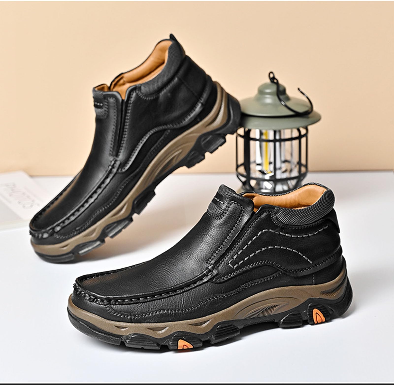 Men's Outdoor Retro Slip On Thick Sole Hiking Shoes Classic Non Slip Leather Adventure Driving Walking Shoes Comfortable Hand Sewn Lefu Shoes (Khaki,10)