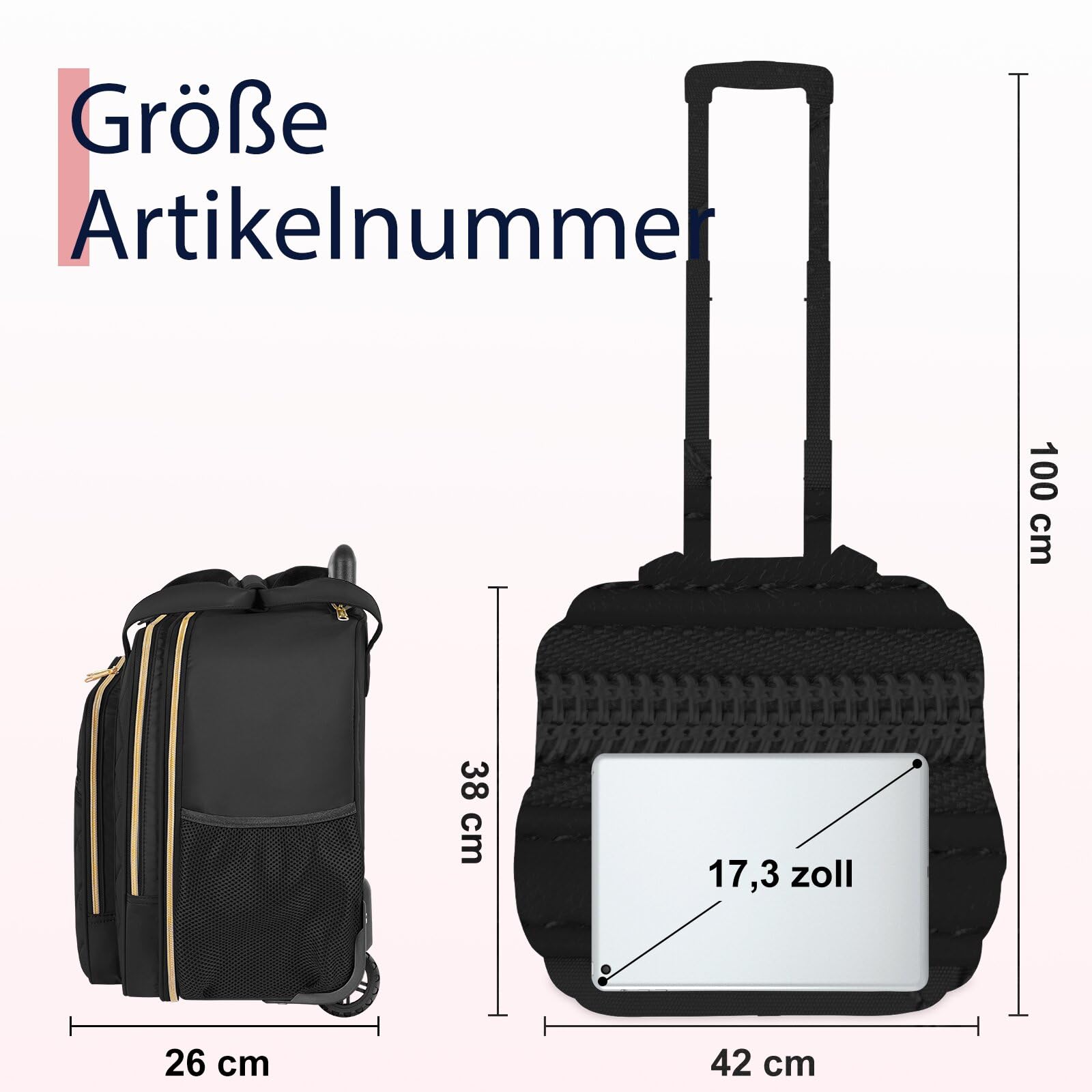 Ytonet Business Trolley Damen, Laptop Trolley 17,3 Zoll Laptop, Laptoptasche mit Rollen Wasserdicht, Business Aktenkoffer Damen mit Rädern, Pilotenkoffer mit Rollen für Reisen, Arbeit, Schule, Schwarz