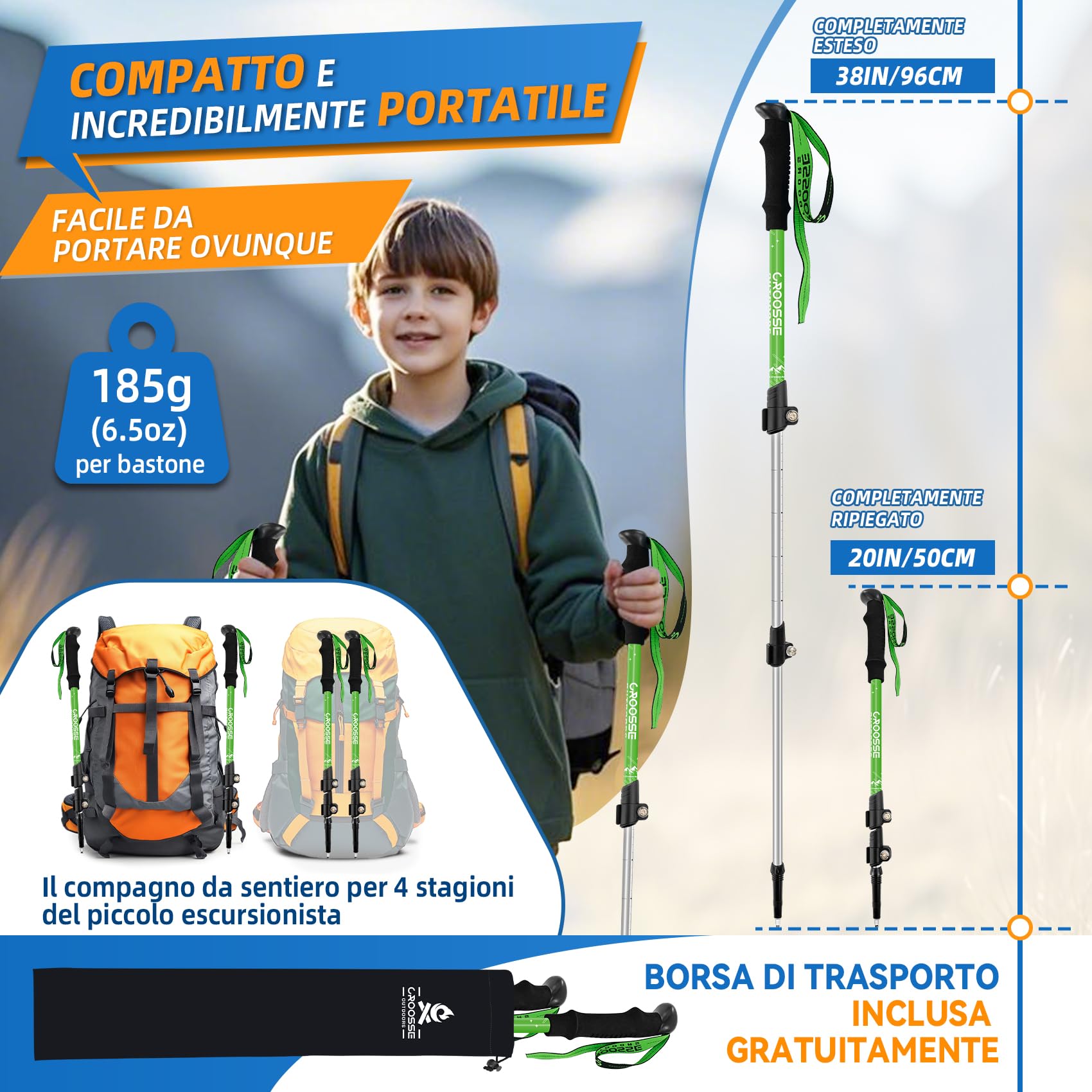 Bastoni da trekking regolabili per bambini, bastone da passeggio leggero