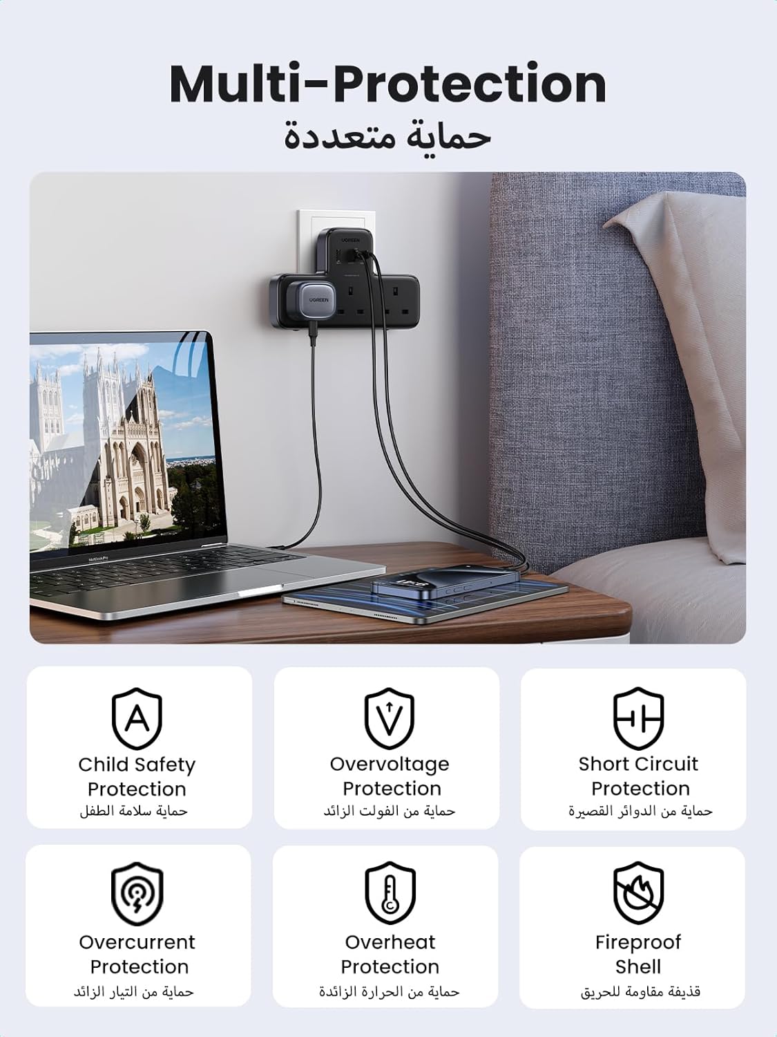 پریز برق UGREEN 6 در 1 با محافظ ولتاژ و شارژر USB‑C PD30W