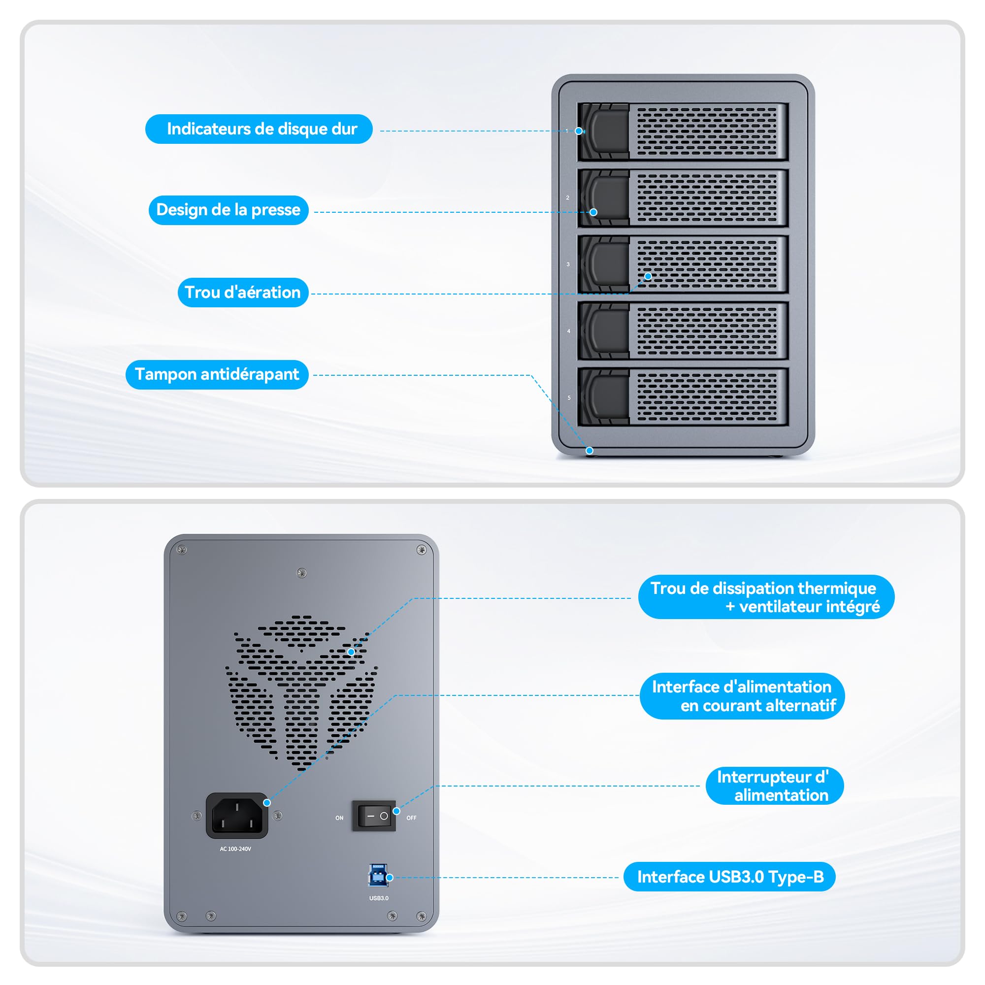 Yottamaster 5 Baies Boîtier Disque Dur Externe, USB 3.0 pour 2,5"/3,5" SATA HDD/SSD, Jusqu’à 5 × 24 to, Boîtier Multi Disque Dur en Aluminium avec Ventilateur Intégré de 80 mm