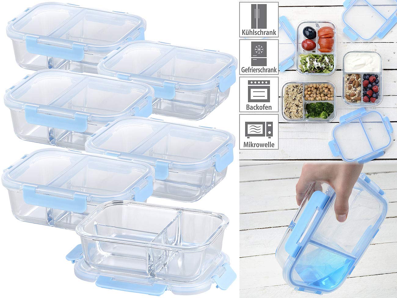 Rosenstein & Söhne Microwellen Geschirr: 6er-Set Glas-Frischhaltedosen mit Klick-Deckeln & 3 Kammern, 1 l (Glasschüssel mit Deckel Mikrowelle, Glasschüsseln mit Deckel-Set, Mikrowellenteller)