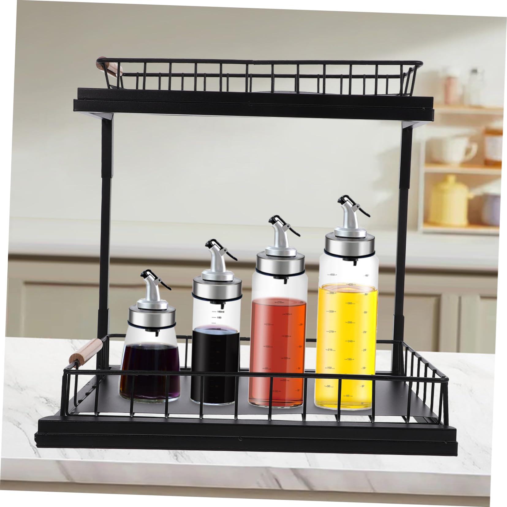 Ciieeo 2-tier under Sink Spice Rack Storage Carbon Steel Pull-out Cabinet Organizer Bathroom Sink Organizer Kitchen Supplies