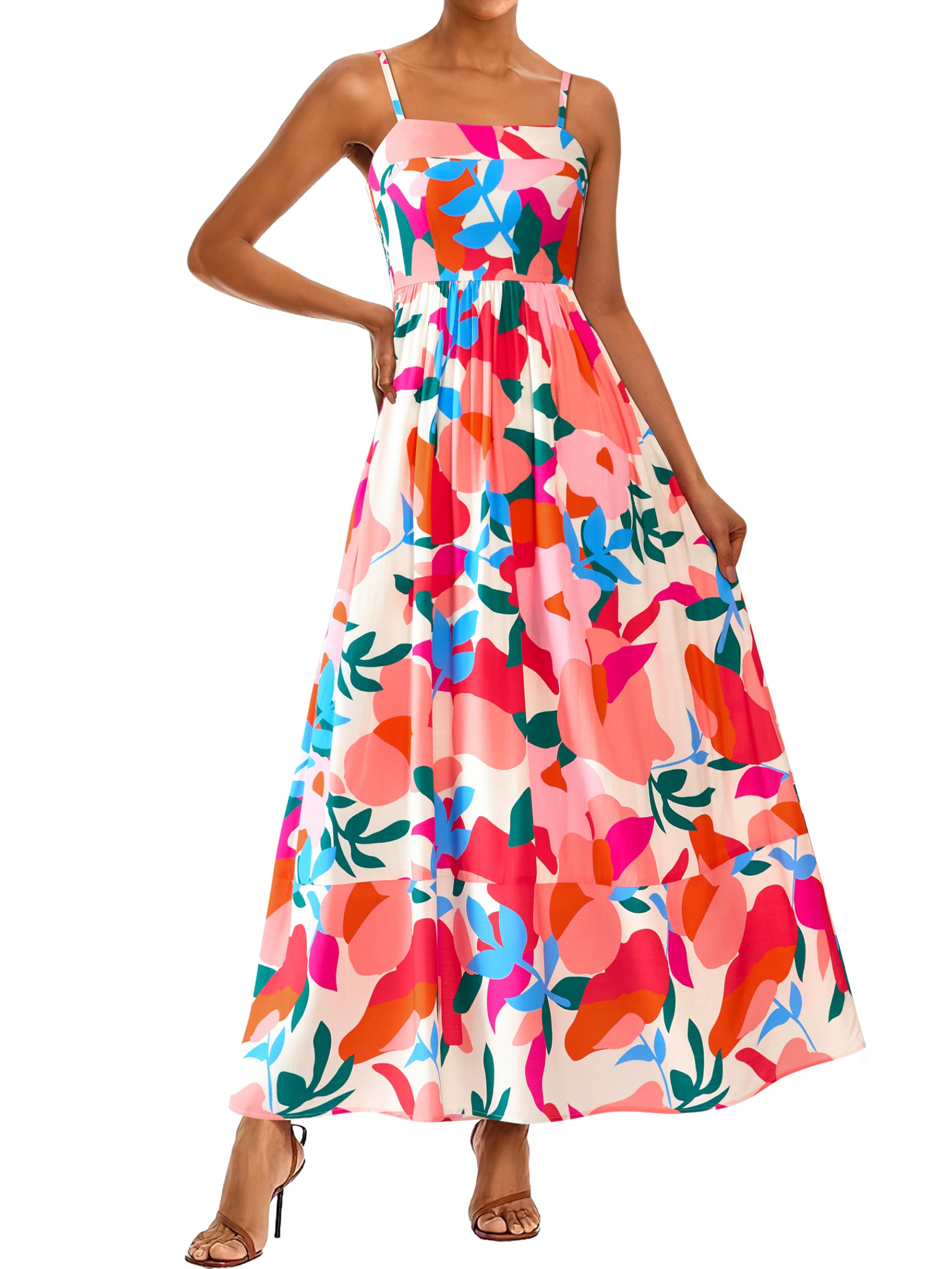 PRETTYGARDEN Women Summer Maxi Dresses 2025 Spaghetti Strap Boho Floral Striped Wedding Guest Beach Vacation Flowy Long Dress
