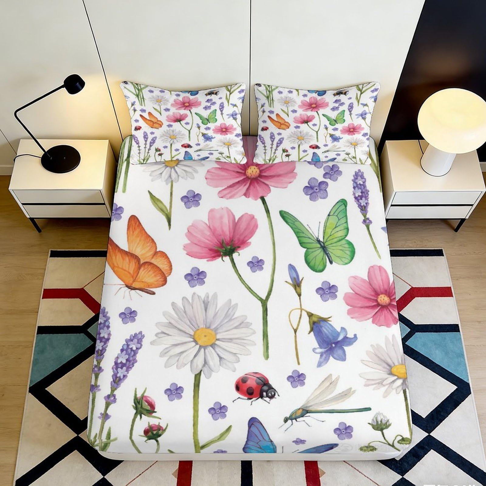 3D Printed Floral Butterfly Fitted Sheet Microfiber Soft Washable Ladybug Mattress Cover for Bedroom Guestroom Decor 90x200x25cm
