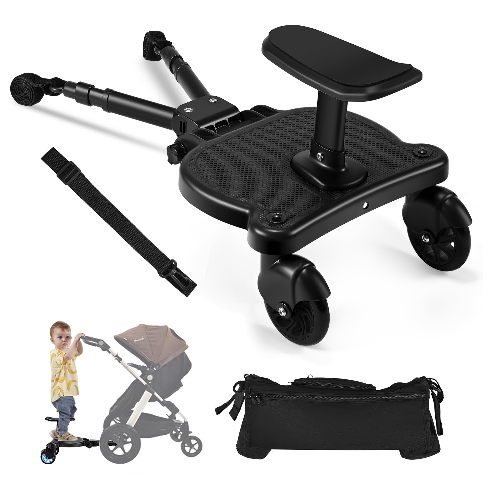 Planche Poussette Universelle avec Sac de Rangement, Marche Pied Poussette Universelle avec Siège, pour Enfants de 2 à 6 Ans (25KG), Compatible Avec 99% des Poussettespour