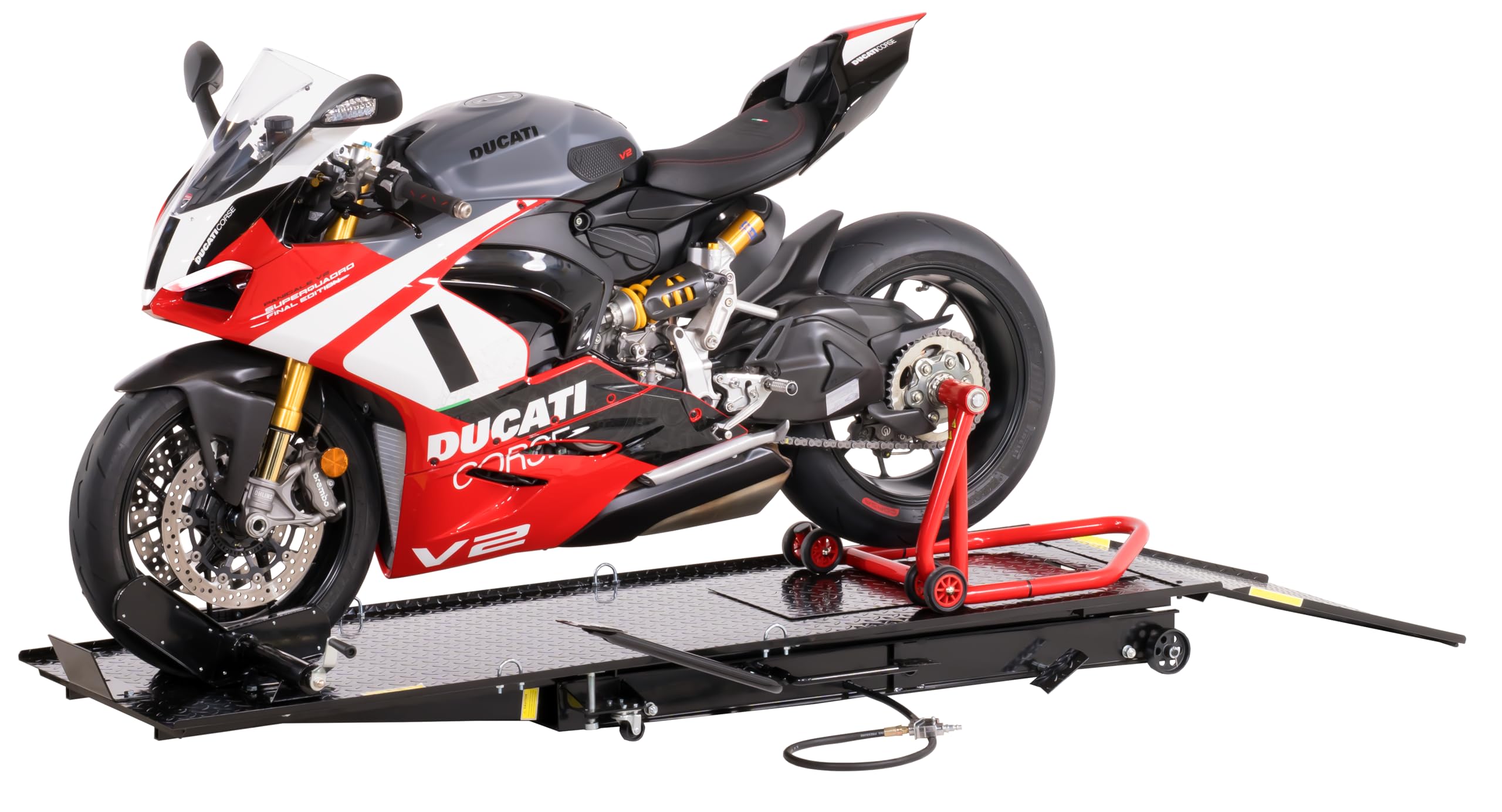 Ponte sollevatore per motocicletta, parallelogramma, 450 kg con pneumatico + azionamento a pedale, blu, PLB450-PAJ, 01646
