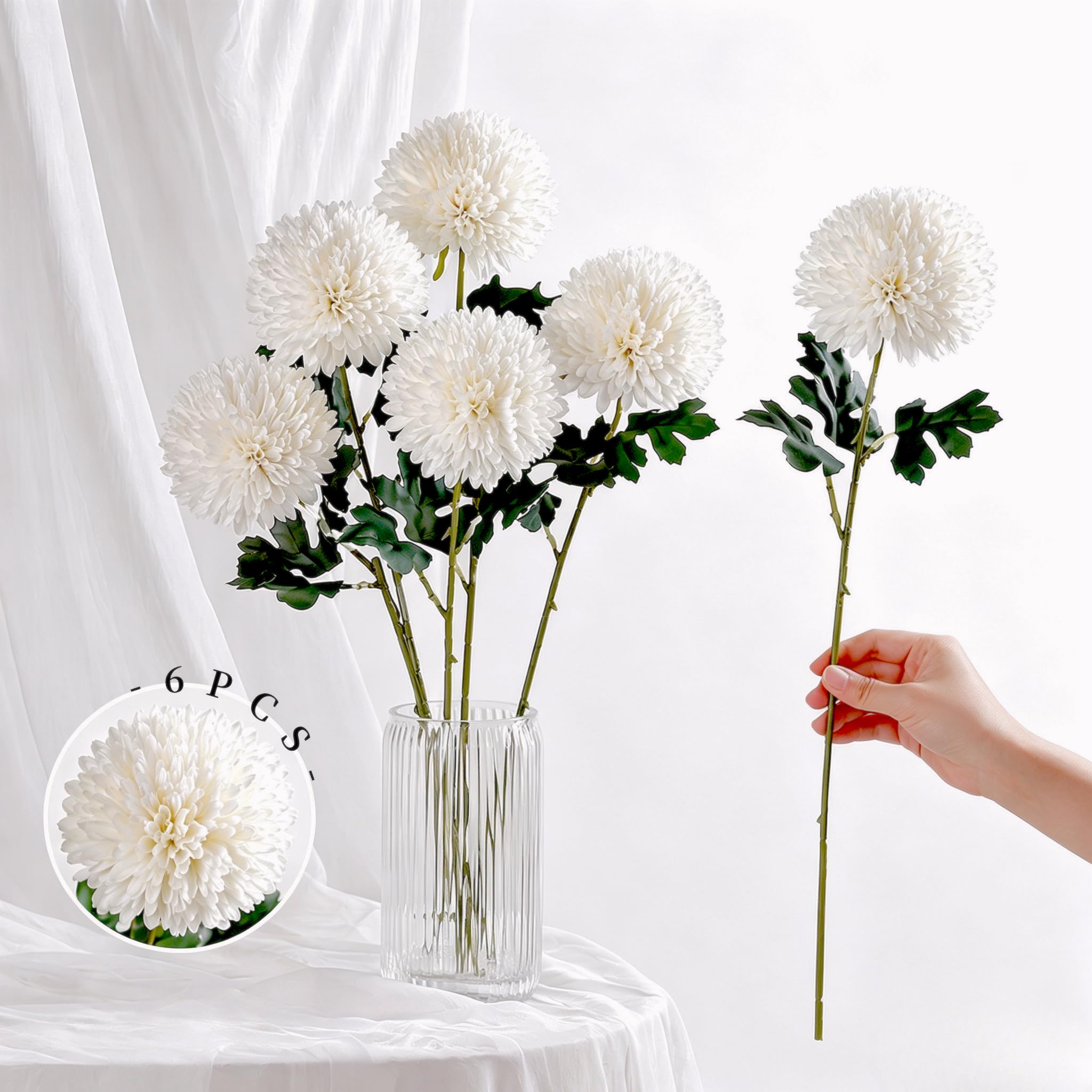 6Pcs 4in Artificial Fake Chrysanthemum Flowers,White Fake Silk Flowers