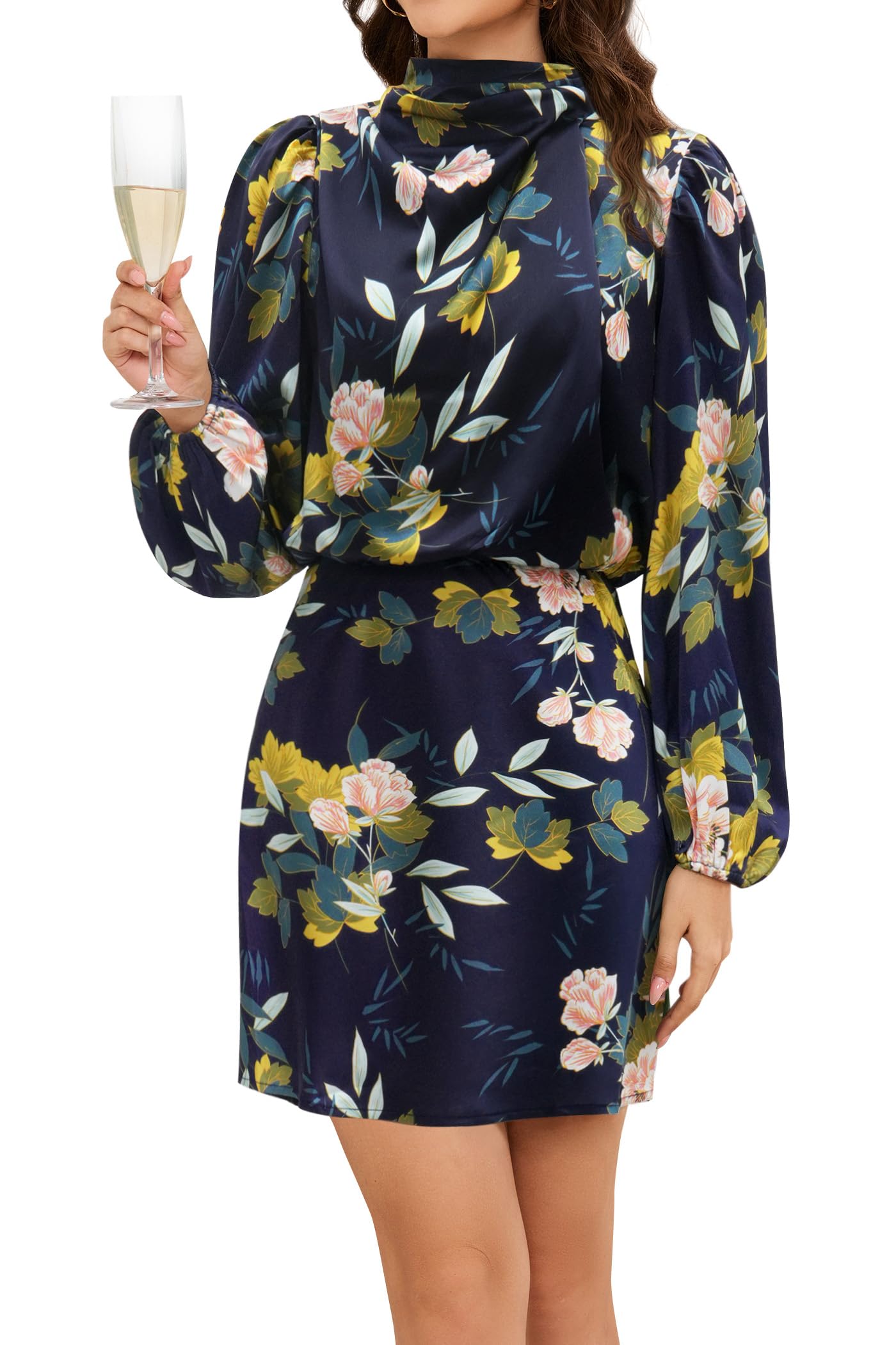 Womens 2025 Fall Long Sleeve Satin Short Dress Elegant Mock Neck Formal Wedding Guest Cocktail Party Mini Dresses