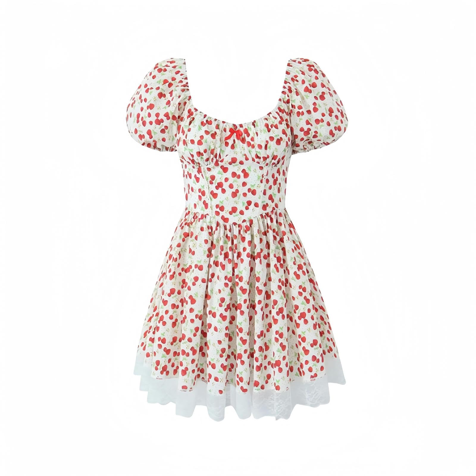 Süßes Erdbeer-Print-Kleid mit Puffärmeln für Damen, V-Ausschnitt, hohe Taille, plissierter Rock