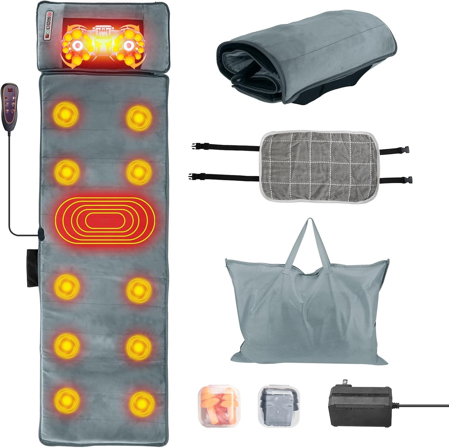 Full Body Massage Mat with Heat Massage Heating Pad Electric Vibration Massage Pad Cushion Massage Mattress Heated Chair Pad with Timer Anti-Slip Bottom Earplugs for Back Neck Foot Kneading