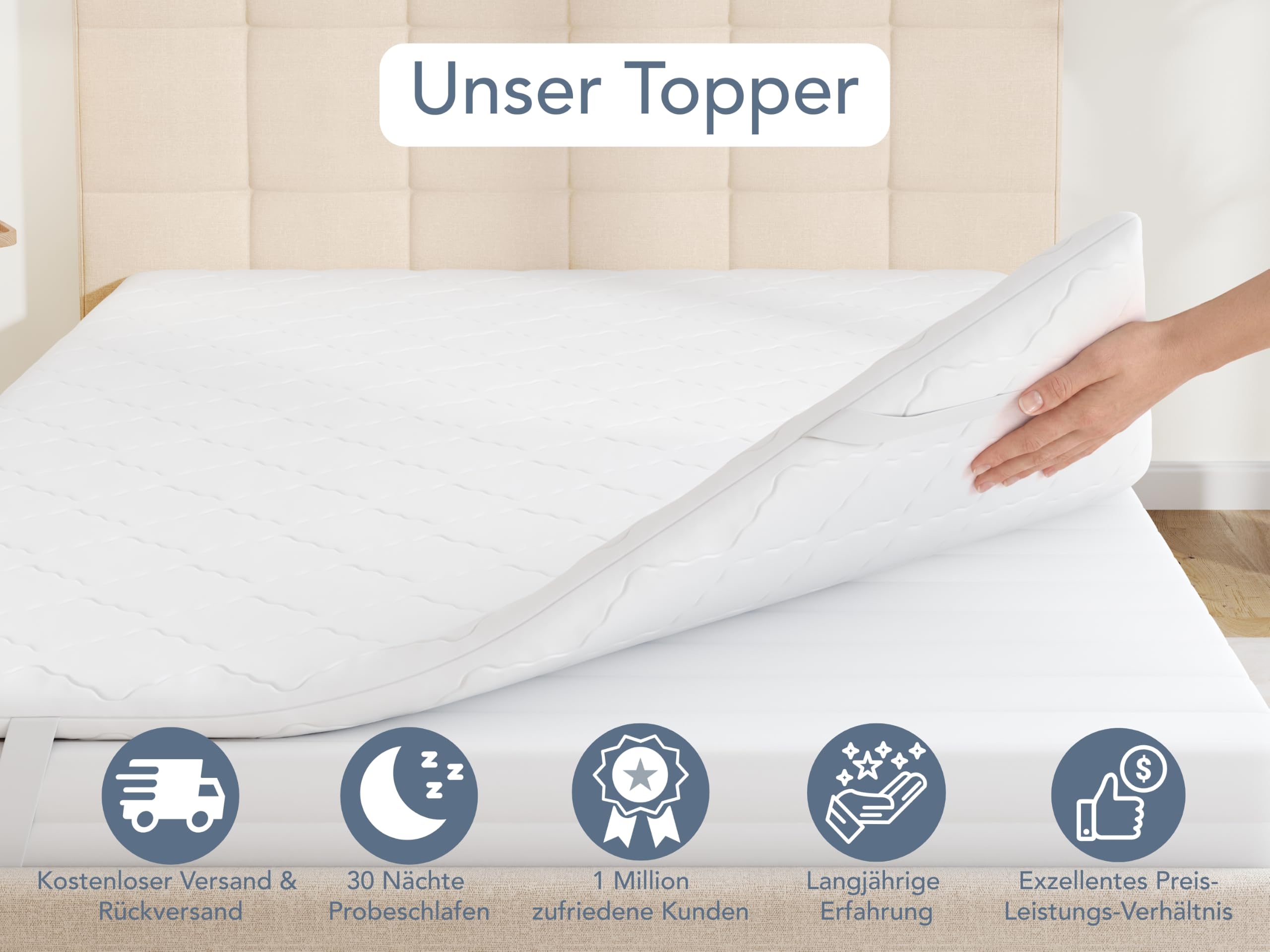 XDREAM Pure Topper | Topper ergonómico con cómodo núcleo de espuma de confort | Cintas para fijación | Certificado Öko-Tex 90 x 200 cm