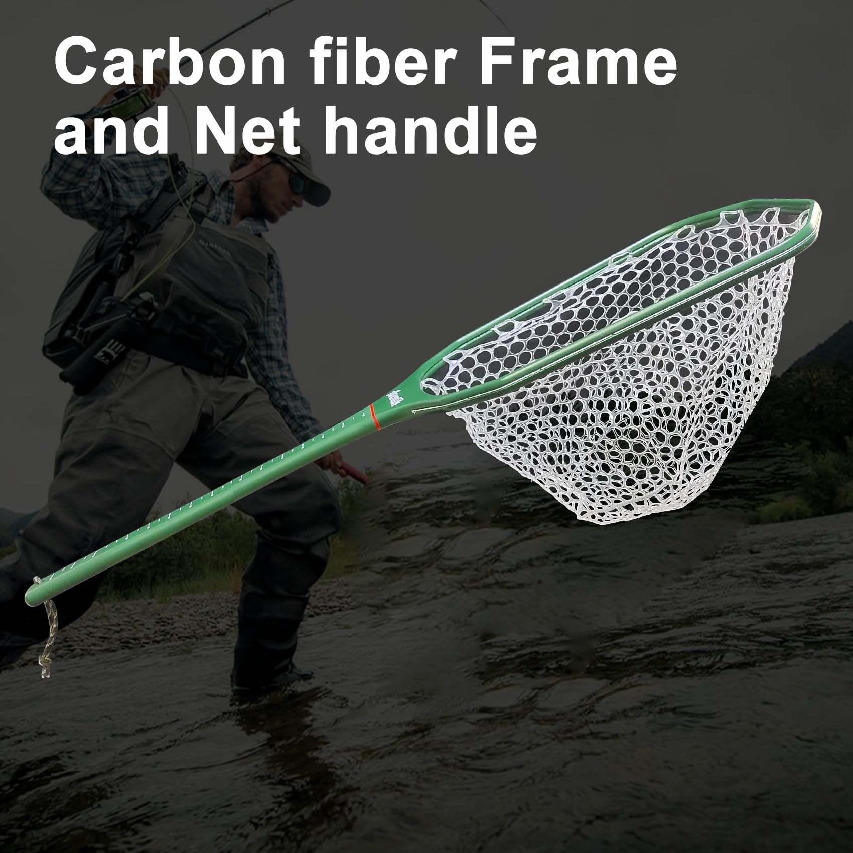 Aventik Floating Fly Fishing Net Carbon Fiber Square Landing Net with Accurate Measuring Handle Clear Rubber Ghost Mesh for Professional Trout Fishing Catch & Release