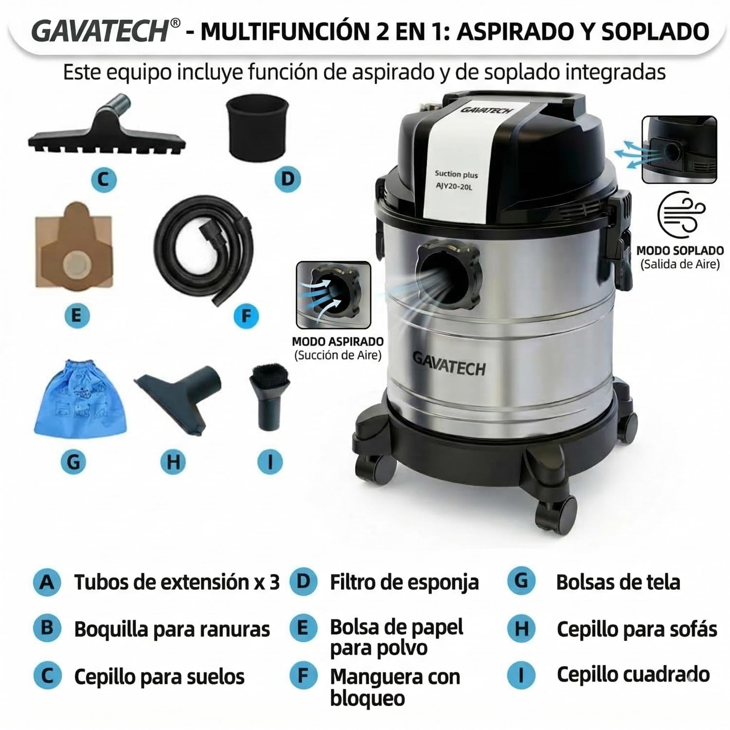 Aspiradora Multifunción,solidos y liquidos, 20L, 1250W, con 4 Cepillos y numerosos Accesorios. Aspiradora de humedo y seco. Funciona con Bolsa y sin Bolsa. Funcion de succion y de soplado.