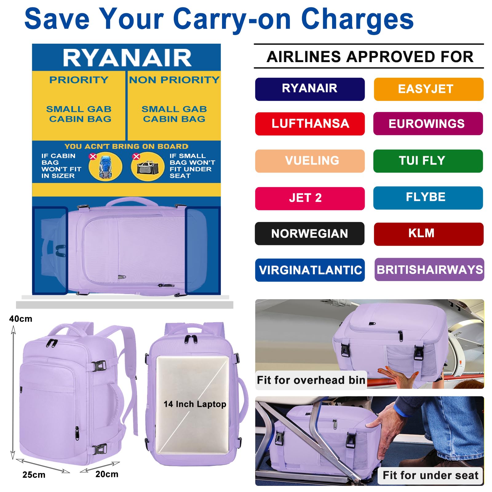 Borse da Cabina per Ryanair 40x20x25 Bagaglio a Mano Zaino Borsa Zaino da Viaggio Zaino da trekking Zaino Wizzair 40x30x20 Zaino Casual per laptop da 14 pollici per scuola,Viola chiaro